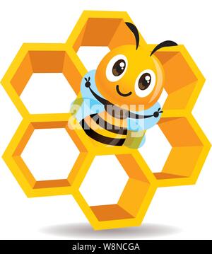 Cartoon carino bee stare dentro la cella di miele. 3D miele cellule. Nido illustrazione vettoriale isolato Illustrazione Vettoriale