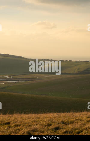 Guardando oltre la valle Cuckmere verso Seaford in serata calda luce 1 Foto Stock