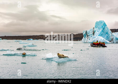 Zodiac barca in gomma sul ghiacciaio di Jokulsarlon lago Foto Stock