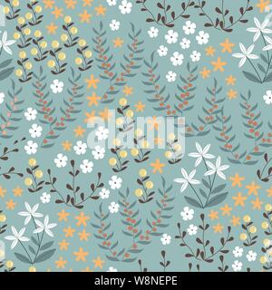 Vettore seamless floral pattern con piatto astratto doodle elementi quali piante, fiori, frutti di bosco e prato. Foresta sullo sfondo della natura Illustrazione Vettoriale