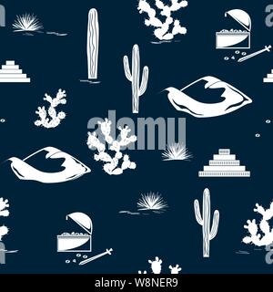Vector Graphic seamless pattern con dune del deserto, cactus, fichidindia, piramidi e scrigno. Sfondo di avventura per ragazzi, ragazzi, schede Illustrazione Vettoriale