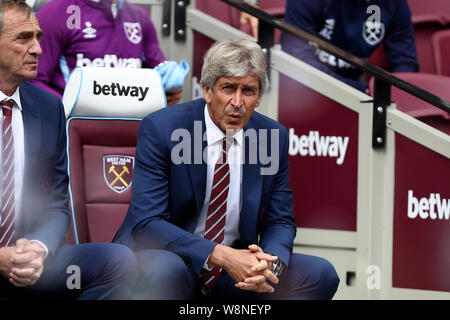 Londra, Regno Unito. 10 Agosto, 2019. Londra, Regno Unito. 10 Ago, 2019. English Premier League Football, West Ham United contro Manchester City; West Ham United Manager Manuel Pellegrini - rigorosamente solo uso editoriale. Nessun uso non autorizzato di audio, video, dati, calendari, club/campionato loghi o 'live' servizi. Online in corrispondenza uso limitato a 120 immagini, nessun video emulazione. Credit: Azione Plus immagini di sport/Alamy Live News Foto Stock