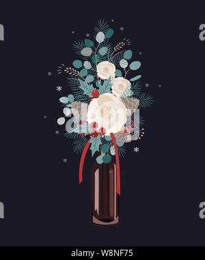 Vettore bouquet di natale decorazione su sfondo scuro. Albero di natale, rose, pigne e rami di eucalipto Illustrazione Vettoriale