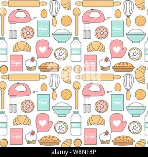 Carino grazioso cartoon vettore seamless pattern illustrazione dello sfondo con utensili da cucina, ciambelle, biscotti, torte e cottura Ingredienti Illustrazione Vettoriale