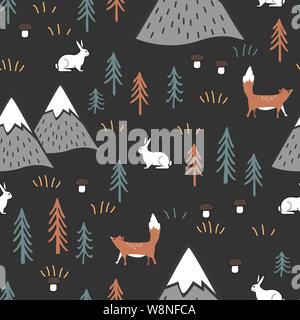 Scandinavian cartoon seamless pattern con lepri, volpi, gli alberi, i funghi e le montagne. Sfondo carino per i bambini, tessuto, design di vestiti, biancheria da letto Illustrazione Vettoriale