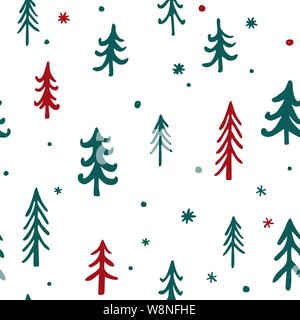 Vector pattern senza giunture di alberi di Natale pattern. Il rosso e il verde doodle alberi e fiocchi di neve su bianco. Scandinavo sfondo di Natale. Tessuto, carta Illustrazione Vettoriale