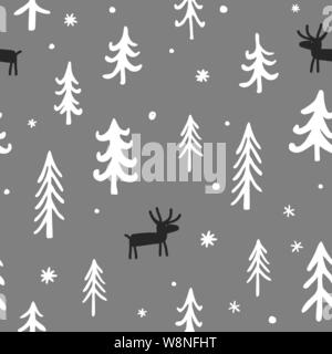 Natale vettore seamless pattern con Cartoon carino cervi, alberi e fiocchi di neve. Bianco, nero e grigio tavolozza. Scandinavian inverno sfondo. Illustrazione Vettoriale