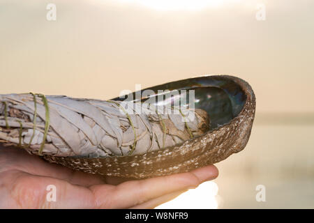 Sbavatura rituale utilizzando la masterizzazione spessa bundle frondoso di bianco salvia in lucida brillante arcobaleno Abalone Shell sulla spiaggia al sorgere del sole di fronte al lago. Foto Stock