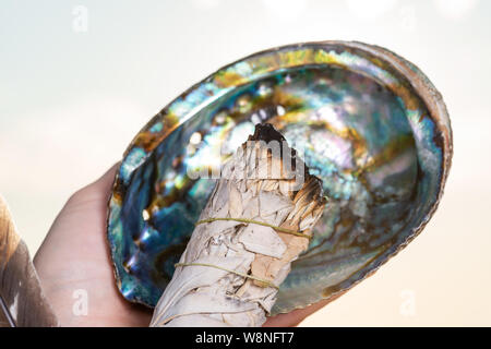 Sbavatura rituale utilizzando la masterizzazione spessa bundle frondoso di bianco salvia in lucida brillante arcobaleno Abalone Shell sulla spiaggia al sorgere del sole di fronte al lago. Foto Stock