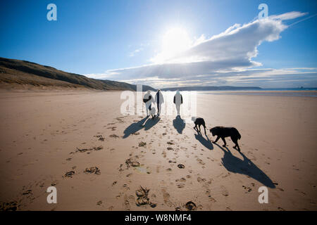 Dog walkers sulla spiaggia a Perranporth Cornovaglia Foto Stock