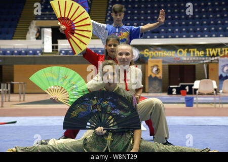 Bucarest, Romania. 10 Ago, 2019. Arti marziali giocatori performe alla cerimonia di passaggio sulla Cina la donazione di un lotto di attrezzature per arti marziali alla Romania in occasione del rumeno Campionato di Wushu a Bucarest in Romania su Agosto10, 2019. Credito: Lin Huifen/Xinhua/Alamy Live News Foto Stock