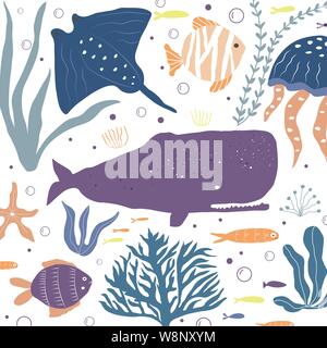 Creature sottomarine octopus, balena, pesce, meduse, clownfish, seaplants e coralli, impostato con animali marini per tessuto, tessuto, carta da parati, vivaio Illustrazione Vettoriale