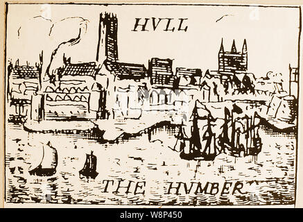 Città di Kingston upon Hull popolarmente conosciuta semplicemente come a Hull in Inghilterra - Storico xilografia incisione che mostra la città dal fiume Humber Foto Stock