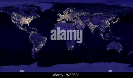 Di notte la Terra vista dallo spazio mappa con le luci della città satellite-basato le sue osservazioni. "Elementi di questa immagine fornita dalla NASA inquinamento luminoso mappa Foto Stock