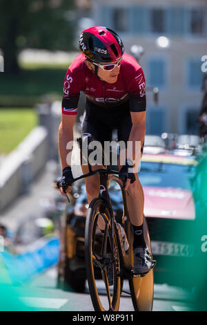 Geraint Thomas Pau Crono Warm-Up Recon Ride durante il 2019 Le Tour de France Time Trial in fase di Pau Foto Stock