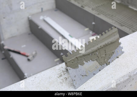 Installatore mani lavorando su un nuovo ingresso di casa, locali e professionisti tuttofare applicando le piastrelle per le fasi. Foto Stock