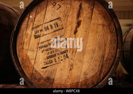 Whisky la maturazione in botti di Bourbon, Penderyn Distillery, Wales, Regno Unito Foto Stock