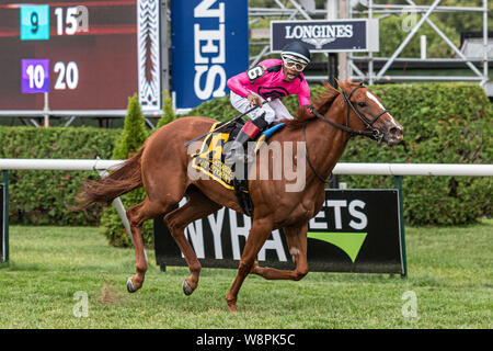 Saratoga Springs, NY, STATI UNITI D'AMERICA. 10 Agosto, 2019. 6 Got Stormy winsil FourStarDave H cavalcato da Ricardo Santana Jr, addestrati Mark Casse . Agosto 10,2109:durante la corsa a Saratoga Race Course a Saratoga Springs, New York. Robert Simmons/Eclipse Sportswire/CSM Credito: Cal Sport Media/Alamy Live News Foto Stock