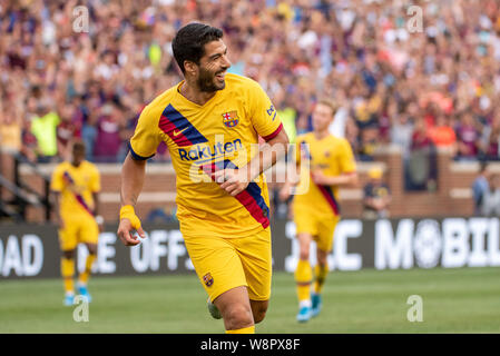 Ann Arbor, MI, Stati Uniti d'America. 10 Agosto, 2019. Barcellona in avanti (9) Luis Suarez celebra un obiettivo durante la Liga-Serie un Cup match tra Barcellona e Napoli il 10 agosto 2019 a Michigan Stadium di Ann Arbor, MI (foto di Allan Dranberg/Cal Sport Media) Credito: Cal Sport Media/Alamy Live News Foto Stock