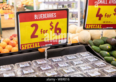 I mirtilli sul prezzo speciale al Harris Farm supermercato a Sydney, un australiano catena di supermercati,l'Australia Foto Stock