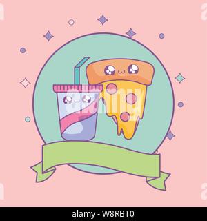Un trancio di pizza e bevande in cornice circolare con nastro in stile kawaii illustrazione vettoriale design Illustrazione Vettoriale