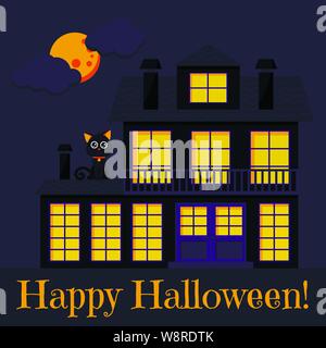 Happy Halloween biglietto di auguri con cat, cupo Haunted House con finestre illuminate e camino Illustrazione Vettoriale
