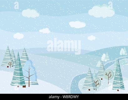 Splendido Natale fiume invernale sullo sfondo del paesaggio con neve, alberi, abeti rossi, Frozen River, nuvole, campi Illustrazione Vettoriale