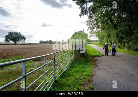 Un gruppo di amici di arresto e chat in un vicolo del paese nel South Staffordshire campagna. Foto Stock