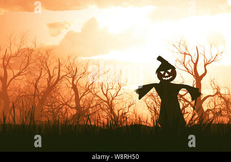 Lo Spaventapasseri zucca decorata in creepy forest,3d rendering Foto Stock