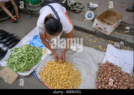 MISHAN, Cina - 27 luglio 2019: Non identificato le persone locali di vendita e di acquisto di prodotti in un locale mercato ortofrutticolo. Foto Stock