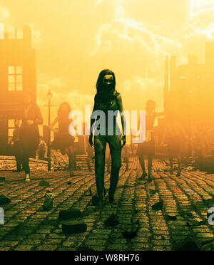 Gli zombie orda in una città in rovina dopo la comparsa di un focolaio,3d illustrazione per la copertina del libro Foto Stock