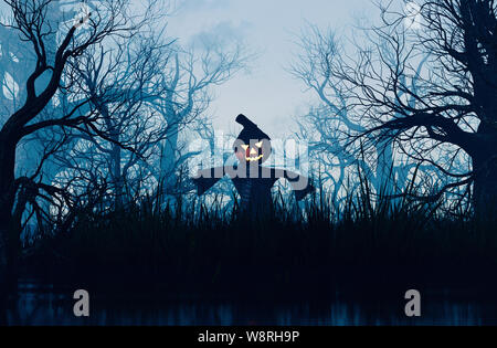 Lo Spaventapasseri zucca decorata in creepy forest,3d rendering Foto Stock