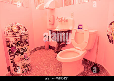 Un bagno unisex illuminati da lampade rossa a McNally Jackson Libri su Prince Street nel quartiere di Soho sezione di Lower Manhattan, New York City. Foto Stock