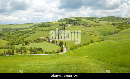 Antenna di Cypress road vicino al piccolo villaggio di Monticchiello, Toscana, Italia Foto Stock