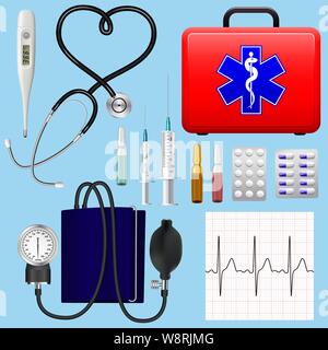 Set di strumenti medici, strumenti e preparazioni di cardiologo. Cardiologia della medicina. Oggetti realistici e dettagliati. Vettore . Illustrazione Vettoriale