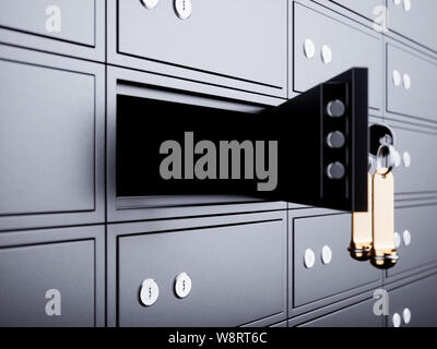 Cassetta di sicurezza aperto con chiave e golden etichetta vuota. 3D rendering immagine Foto Stock