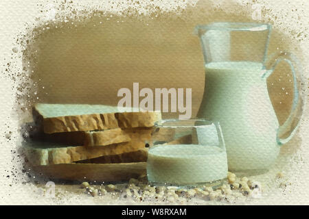 Pane di grano e latte di soia sul tavolo di legno. Il momento della colazione in mattina. Digital pittura ad acquerello effetto. Foto Stock