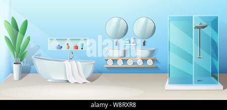 Moderno bagno interno con vasca da bagno e cabina doccia, vettore banner Illustrazione Vettoriale
