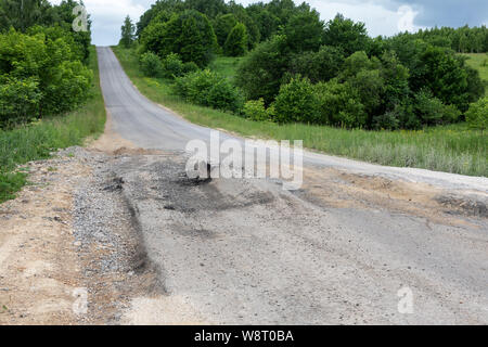 Bad via o strada con buche e anomalie. Strada di emergenza, pericolosa per i driver Foto Stock