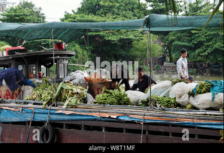 Il vietnamita trasporto persone molte mazzetto di banane alla consegna per Saigon per via navigabile, il posto barca al Riverside il giorno, Ho Chi Minh City, Vietnam Foto Stock