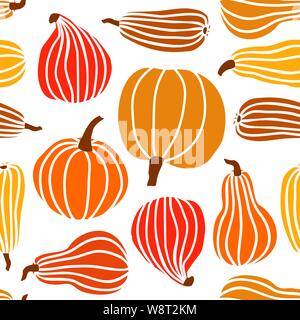 Disegnare a mano la zucca Seamless Pattern in semplice stile Doodle sfondo vettoriale zucche colorate di diverse forme e dimensioni isolato Illustrazione Vettoriale