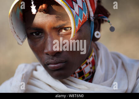 Samburu warrior per partecipare ad una cerimonia di nozze in arcieri Post, Kenya. Foto Stock