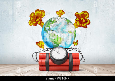 3D rendering di dinamite bundle con timer giacente in corrispondenza della parete con le foto di massa con blast fumi provenienti da tutte intorno ad esso. Foto Stock