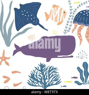Creature sottomarine octopus, balena, pesce, meduse, clownfish, seaplants e coralli, impostato con animali marini per tessuto, tessuto, carta da parati, vivaio Illustrazione Vettoriale
