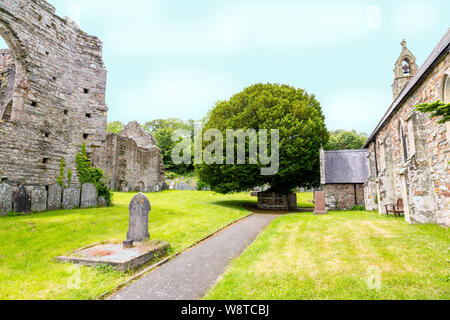 San Tommaso Apostolo chiesa è situata tra le rovine del XII secolo St Dogmaels Abbey, vicino Cardigan, Pembrokeshire, Wales, Regno Unito Foto Stock