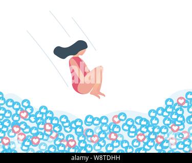 Illustrazione di blogger saltando nel tirare piena di ama. I social media o social network design concept. Illustrazione Vettoriale Illustrazione Vettoriale