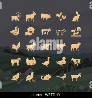 Glifi moderno degli animali della fattoria icone da 25 icone tracciata nel vettore e isolato Illustrazione Vettoriale