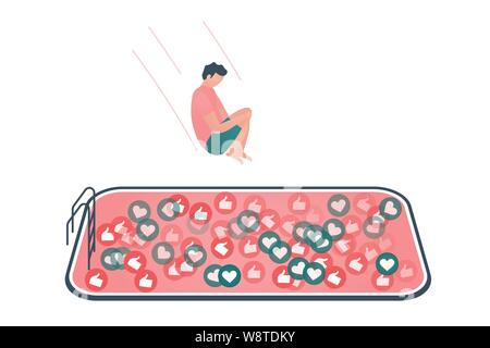 Illustrazione di blogger saltando nel tirare piena di icone simili. I social media o social network design concept. Illustrazione Vettoriale Illustrazione Vettoriale