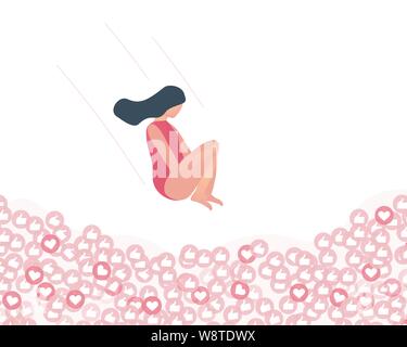 Illustrazione di blogger saltando nel tirare piena di icone simili. I social media o social network design concept. Illustrazione Vettoriale Illustrazione Vettoriale