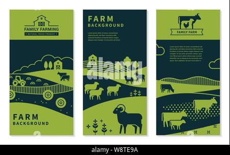 Set di vettore banner su temi rurali, agriturismo, sullo sfondo delle aziende agricole a conduzione familiare. Illustrazione Vettoriale